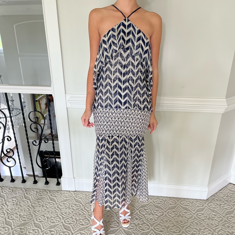 Maxzaria Navy blue and white print dress halter neck